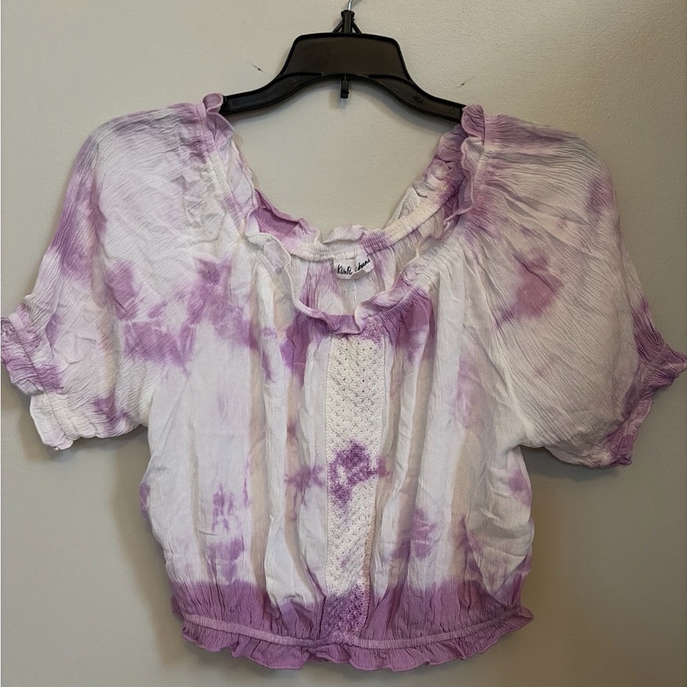 Lavender Tie-Dye Peasant Crop Top with Crochet Panel